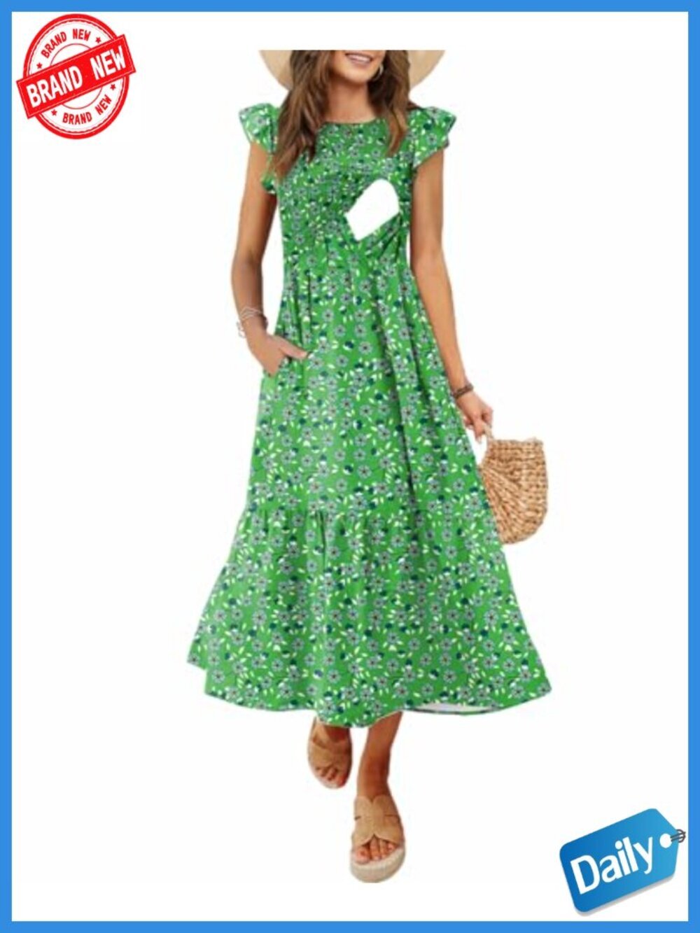 Nursing Midi Dress with Flutter Sleeves Pockets Breastfeeding Smocked